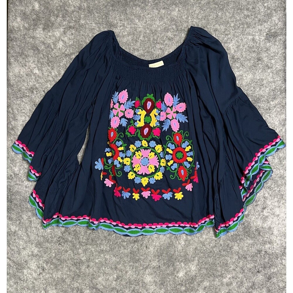 Ruby Yaya Embroiderd Peasant Shirt Womens L Blue Floral Bell Sleeves Colorful